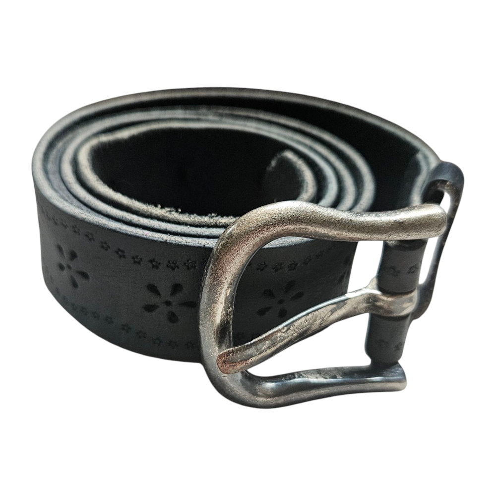 Black Leather Belt with Perforated Design and Metallic Buckle